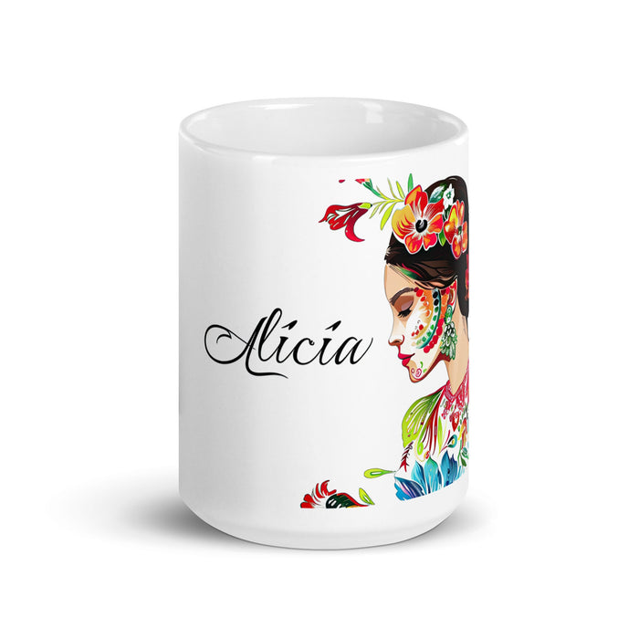 Alicia Exclusive Name Art Piece Home Office Work Coffee Mug Mexican Spanish Pride Gift Cup One - Of - A - Kind Calligraphy White Glossy Mug | A26 - Mexicada