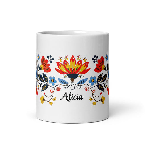 Alicia Exclusive Name Art Piece Home Office Work Coffee Mug Mexican Spanish Pride Gift Cup One-Of-A-Kind Calligraphy White Glossy Mug | A27 Mexicada