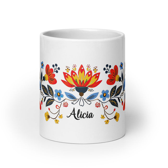 Alicia Exclusive Name Art Piece Home Office Work Coffee Mug Mexican Spanish Pride Gift Cup One-Of-A-Kind Calligraphy White Glossy Mug | A27 Mexicada