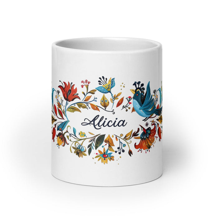 Alicia Exclusive Name Art Piece Home Office Work Coffee Mug Mexican Spanish Pride Gift Cup One-Of-A-Kind Calligraphy White Glossy Mug | A5 Mexicada