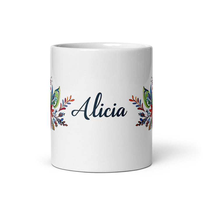 Alicia Exclusive Name Art Piece Home Office Work Coffee Mug Mexican Spanish Pride Gift Cup One - Of - A - Kind Calligraphy White Glossy Mug | A6 - Mexicada