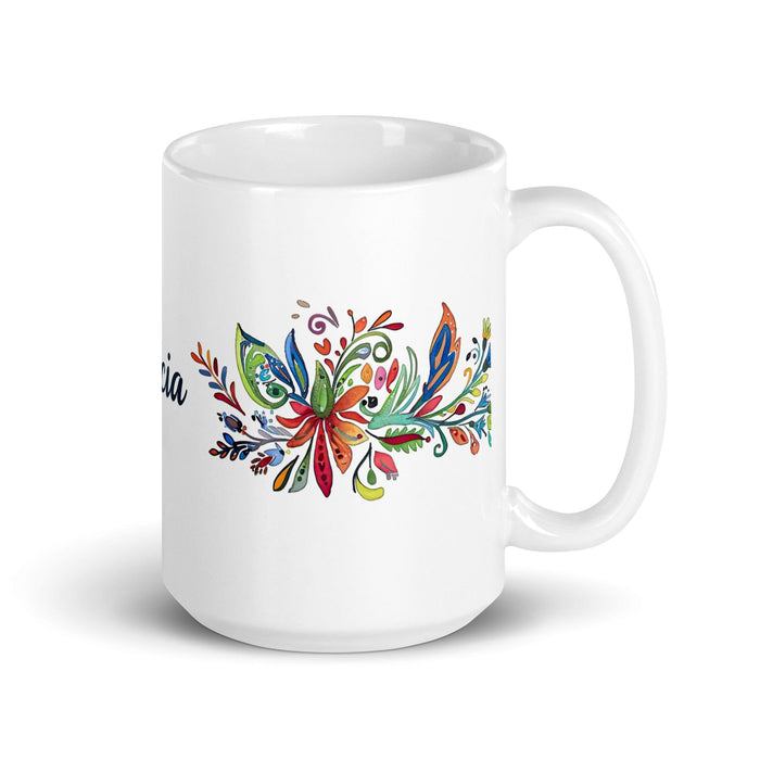 Alicia Exclusive Name Art Piece Home Office Work Coffee Mug Mexican Spanish Pride Gift Cup One-Of-A-Kind Calligraphy White Glossy Mug | A6 Mexicada 15 oz