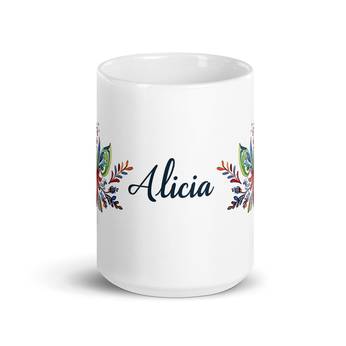 Alicia Exclusive Name Art Piece Home Office Work Coffee Mug Mexican Spanish Pride Gift Cup One-Of-A-Kind Calligraphy White Glossy Mug | A6 Mexicada