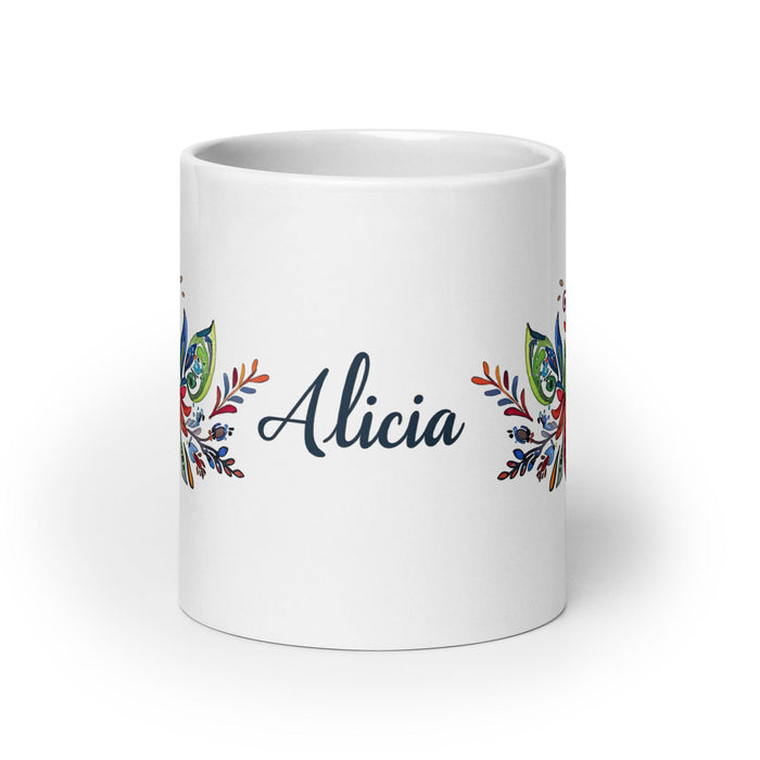 Alicia Exclusive Name Art Piece Home Office Work Coffee Mug Mexican Spanish Pride Gift Cup One-Of-A-Kind Calligraphy White Glossy Mug | A6 Mexicada