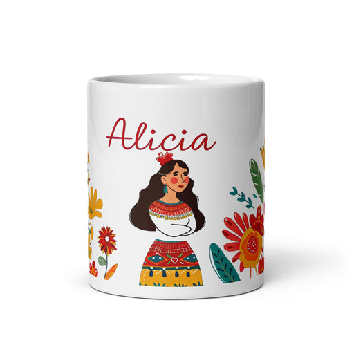 Alicia Exclusive Name Art Piece Home Office Work Coffee Mug Mexican Spanish Pride Gift Cup One-Of-A-Kind Calligraphy White Glossy Mug | A7 Mexicada