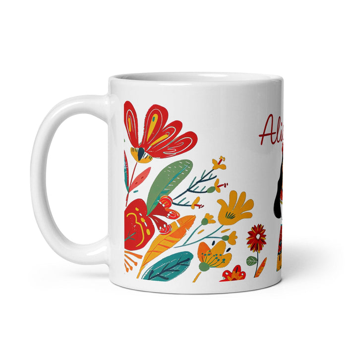 Alicia Exclusive Name Art Piece Home Office Work Coffee Mug Mexican Spanish Pride Gift Cup One-Of-A-Kind Calligraphy White Glossy Mug | A7 Mexicada