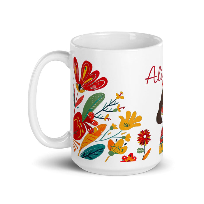 Alicia Exclusive Name Art Piece Home Office Work Coffee Mug Mexican Spanish Pride Gift Cup One-Of-A-Kind Calligraphy White Glossy Mug | A7 Mexicada