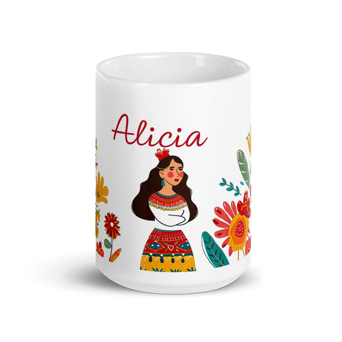 Alicia Exclusive Name Art Piece Home Office Work Coffee Mug Mexican Spanish Pride Gift Cup One-Of-A-Kind Calligraphy White Glossy Mug | A7 Mexicada