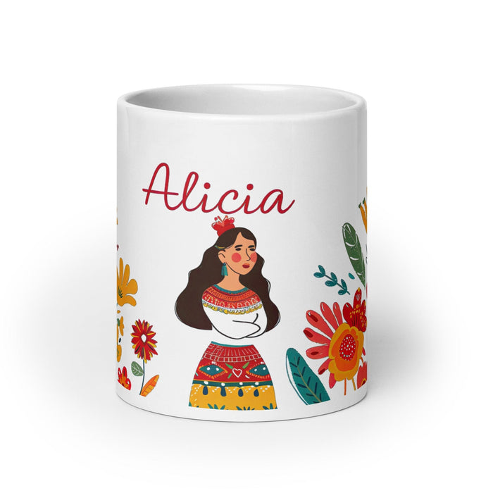 Alicia Exclusive Name Art Piece Home Office Work Coffee Mug Mexican Spanish Pride Gift Cup One-Of-A-Kind Calligraphy White Glossy Mug | A7 Mexicada