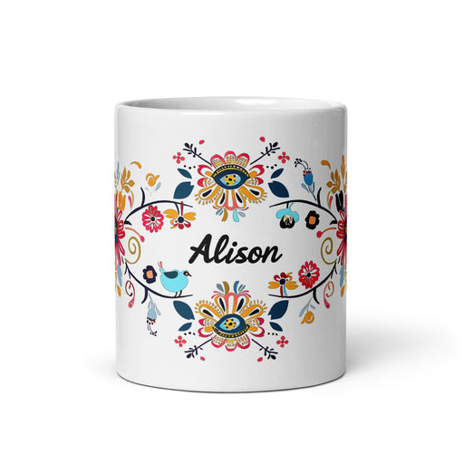 Alison Exclusive Name Art Piece Home Office Work Coffee Mug Mexican Spanish Pride Gift Cup One-Of-A-Kind Calligraphy White Glossy Mug | A1 Mexicada