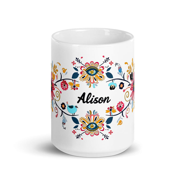 Alison Exclusive Name Art Piece Home Office Work Coffee Mug Mexican Spanish Pride Gift Cup One-Of-A-Kind Calligraphy White Glossy Mug | A1 Mexicada