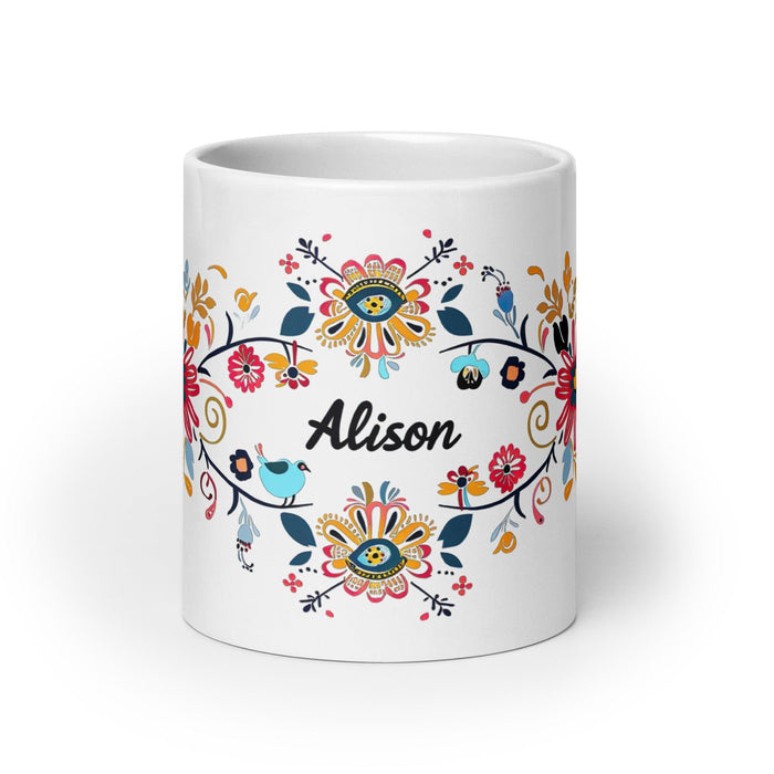 Alison Exclusive Name Art Piece Home Office Work Coffee Mug Mexican Spanish Pride Gift Cup One-Of-A-Kind Calligraphy White Glossy Mug | A1 Mexicada