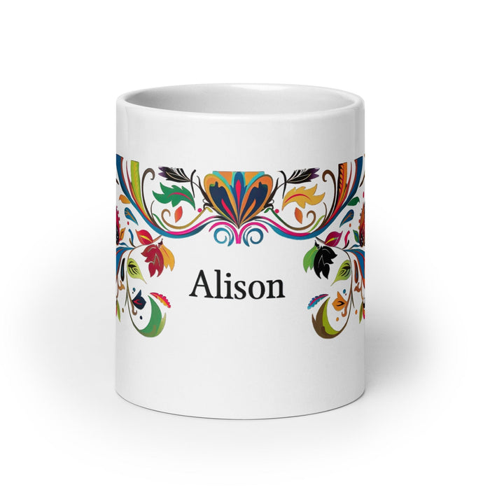 Alison Exclusive Name Art Piece Home Office Work Coffee Mug Mexican Spanish Pride Gift Cup One-Of-A-Kind Calligraphy White Glossy Mug | A10 Mexicada