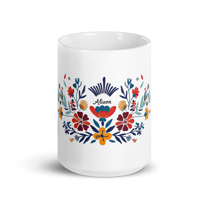 Alison Exclusive Name Art Piece Home Office Work Coffee Mug Mexican Spanish Pride Gift Cup One - Of - A - Kind Calligraphy White Glossy Mug | A13 - Mexicada