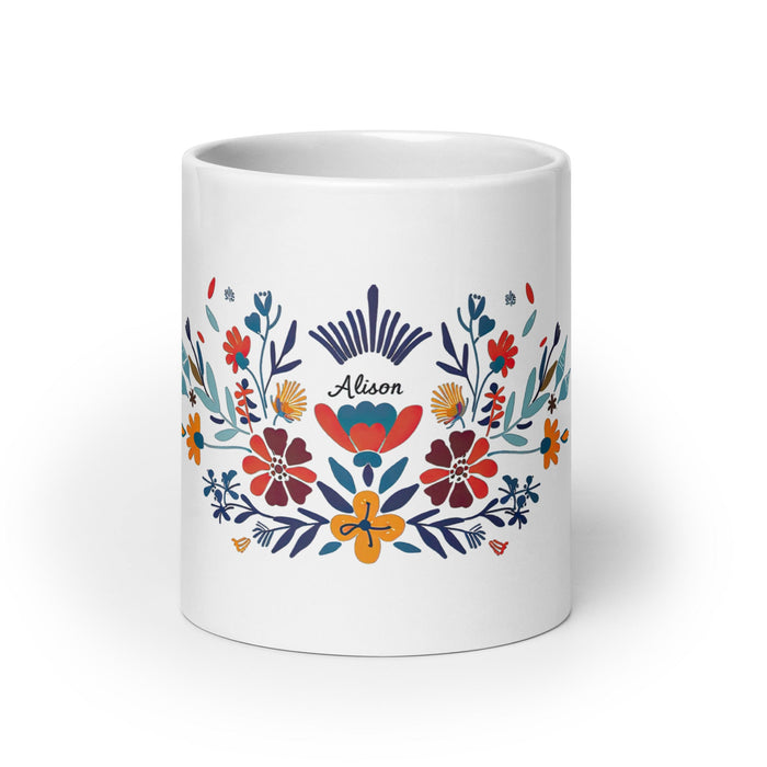 Alison Exclusive Name Art Piece Home Office Work Coffee Mug Mexican Spanish Pride Gift Cup One - Of - A - Kind Calligraphy White Glossy Mug | A13 - Mexicada