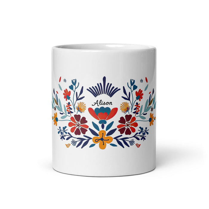 Alison Exclusive Name Art Piece Home Office Work Coffee Mug Mexican Spanish Pride Gift Cup One - Of - A - Kind Calligraphy White Glossy Mug | A13 - Mexicada