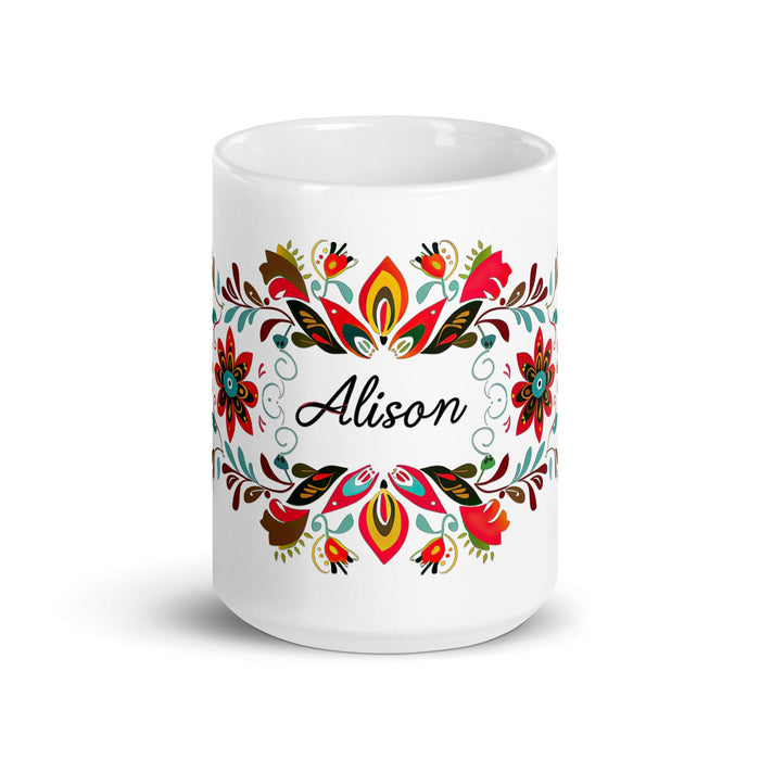 Alison Exclusive Name Art Piece Home Office Work Coffee Mug Mexican Spanish Pride Gift Cup One - Of - A - Kind Calligraphy White Glossy Mug | A14 - Mexicada