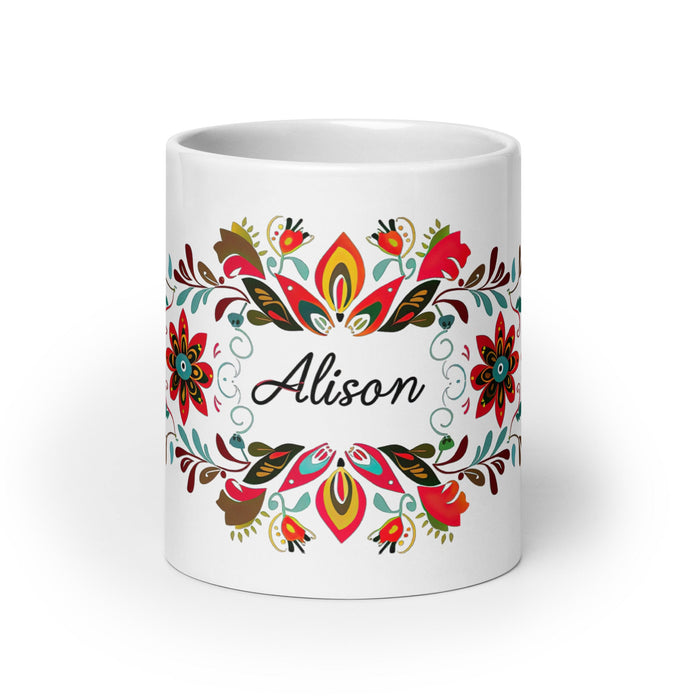 Alison Exclusive Name Art Piece Home Office Work Coffee Mug Mexican Spanish Pride Gift Cup One - Of - A - Kind Calligraphy White Glossy Mug | A14 - Mexicada