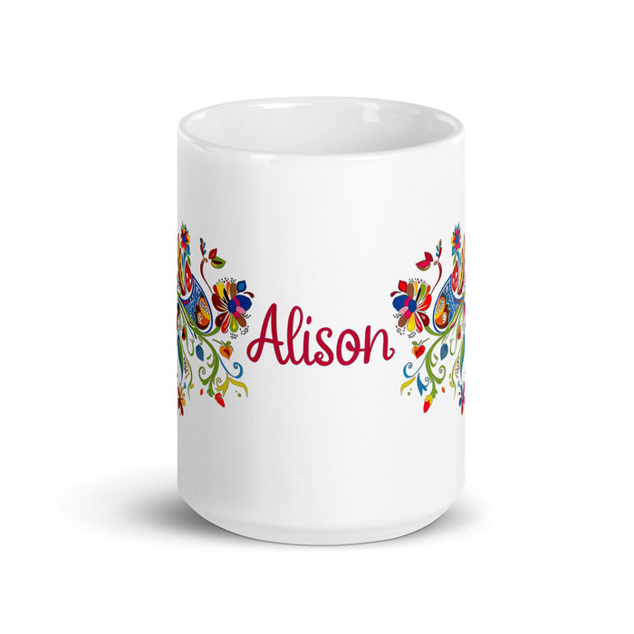 Alison Exclusive Name Art Piece Home Office Work Coffee Mug Mexican Spanish Pride Gift Cup One - Of - A - Kind Calligraphy White Glossy Mug | A16 - Mexicada