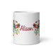 Alison Exclusive Name Art Piece Home Office Work Coffee Mug Mexican Spanish Pride Gift Cup One - Of - A - Kind Calligraphy White Glossy Mug | A16 - Mexicada