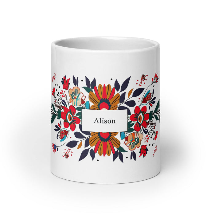 Alison Exclusive Name Art Piece Home Office Work Coffee Mug Mexican Spanish Pride Gift Cup One - Of - A - Kind Calligraphy White Glossy Mug | A17 - Mexicada