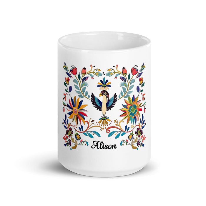 Alison Exclusive Name Art Piece Home Office Work Coffee Mug Mexican Spanish Pride Gift Cup One - Of - A - Kind Calligraphy White Glossy Mug | A18 - Mexicada