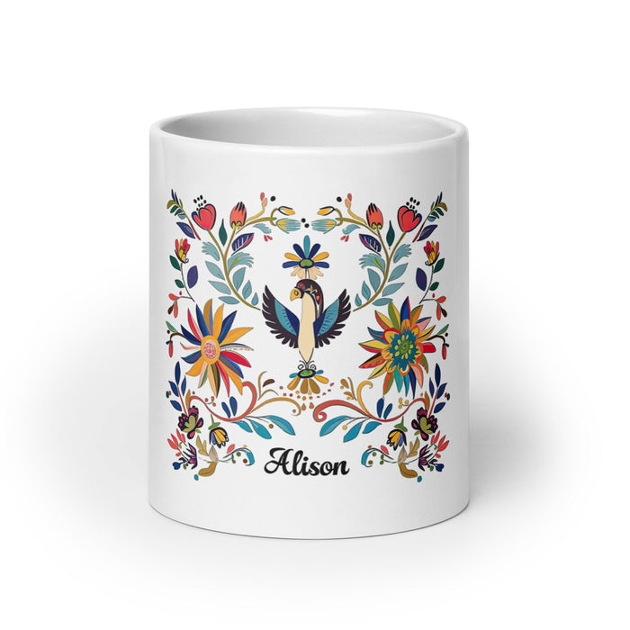 Alison Exclusive Name Art Piece Home Office Work Coffee Mug Mexican Spanish Pride Gift Cup One - Of - A - Kind Calligraphy White Glossy Mug | A18 - Mexicada