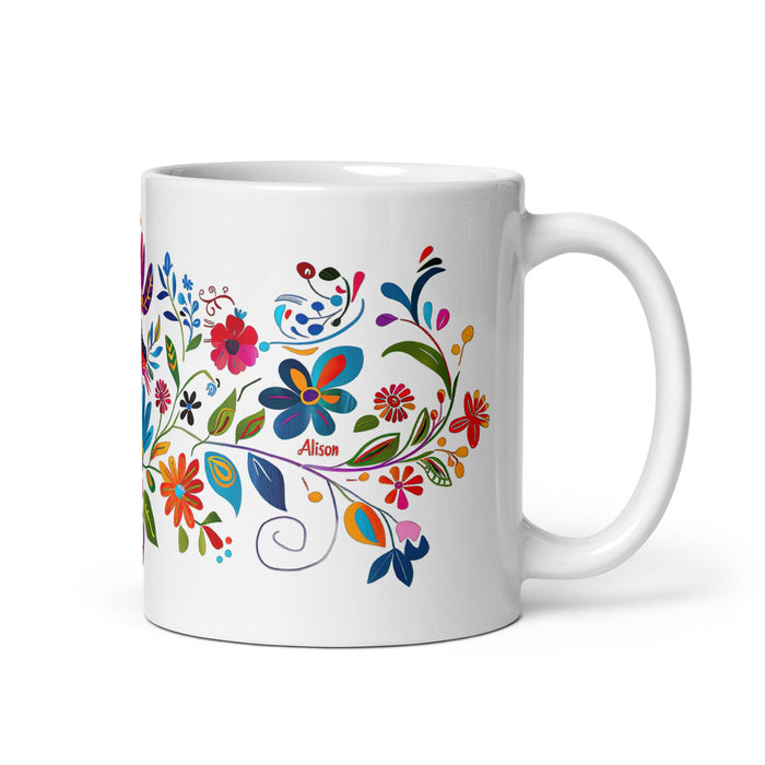 Alison Exclusive Name Art Piece Home Office Work Coffee Mug Mexican Spanish Pride Gift Cup One - Of - A - Kind Calligraphy White Glossy Mug | A19 - Mexicada