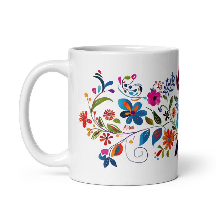 Alison Exclusive Name Art Piece Home Office Work Coffee Mug Mexican Spanish Pride Gift Cup One - Of - A - Kind Calligraphy White Glossy Mug | A19 - Mexicada