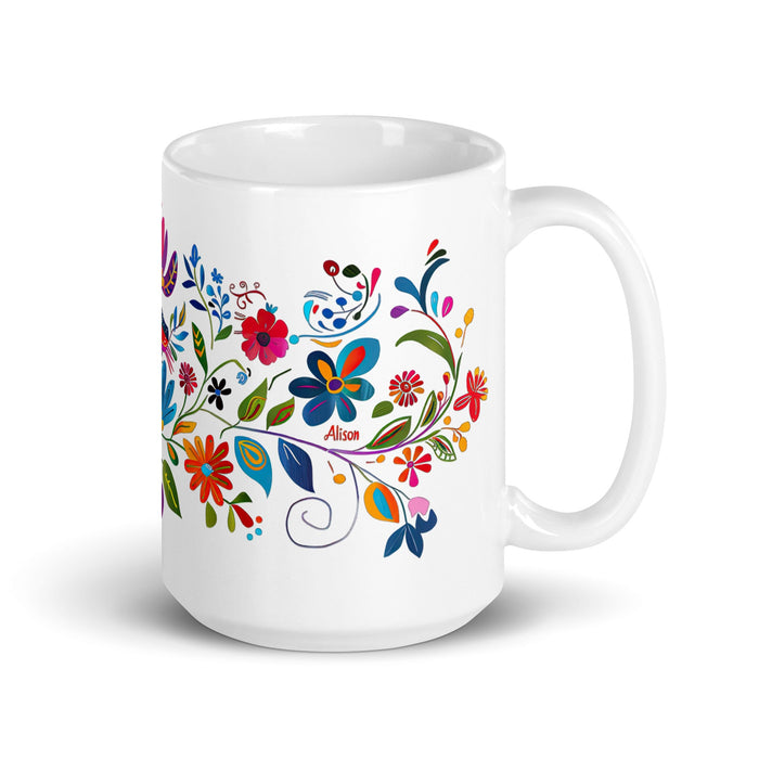 Alison Exclusive Name Art Piece Home Office Work Coffee Mug Mexican Spanish Pride Gift Cup One - Of - A - Kind Calligraphy White Glossy Mug | A19 - Mexicada