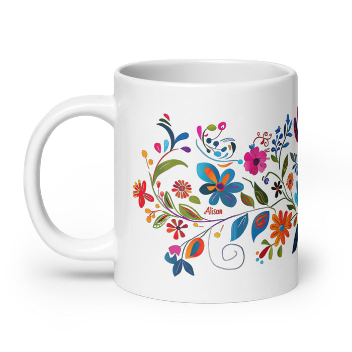 Alison Exclusive Name Art Piece Home Office Work Coffee Mug Mexican Spanish Pride Gift Cup One - Of - A - Kind Calligraphy White Glossy Mug | A19 - Mexicada