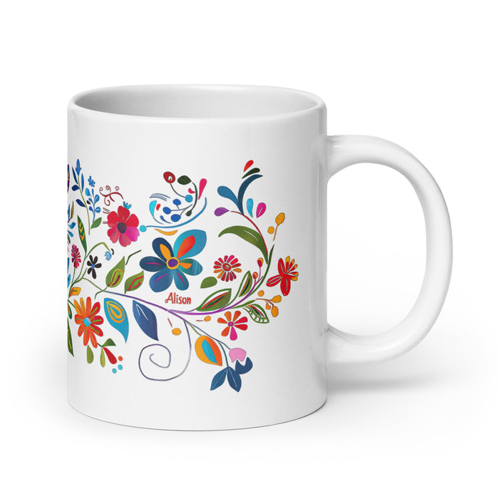 Alison Exclusive Name Art Piece Home Office Work Coffee Mug Mexican Spanish Pride Gift Cup One - Of - A - Kind Calligraphy White Glossy Mug | A19 - Mexicada