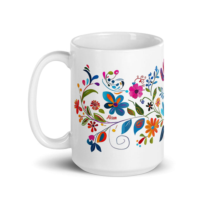 Alison Exclusive Name Art Piece Home Office Work Coffee Mug Mexican Spanish Pride Gift Cup One - Of - A - Kind Calligraphy White Glossy Mug | A19 - Mexicada