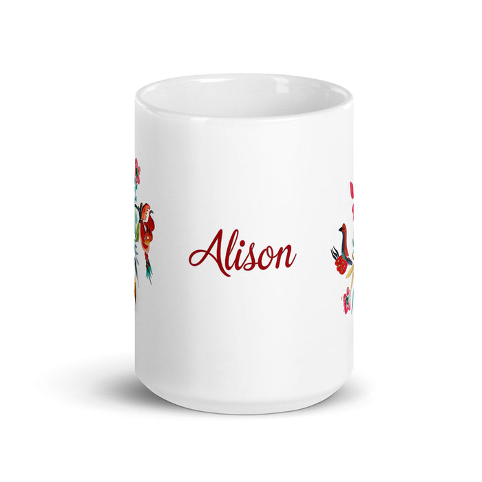 Alison Exclusive Name Art Piece Home Office Work Coffee Mug Mexican Spanish Pride Gift Cup One - Of - A - Kind Calligraphy White Glossy Mug | A20 - Mexicada