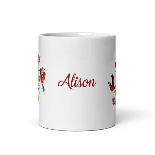 Alison Exclusive Name Art Piece Home Office Work Coffee Mug Mexican Spanish Pride Gift Cup One - Of - A - Kind Calligraphy White Glossy Mug | A20 - Mexicada