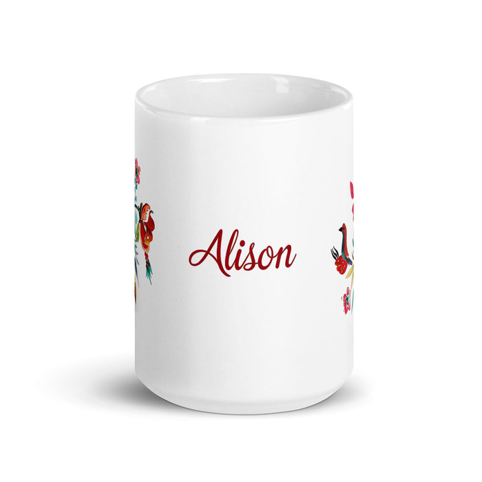 Alison Exclusive Name Art Piece Home Office Work Coffee Mug Mexican Spanish Pride Gift Cup One-Of-A-Kind Calligraphy White Glossy Mug | A20 Mexicada