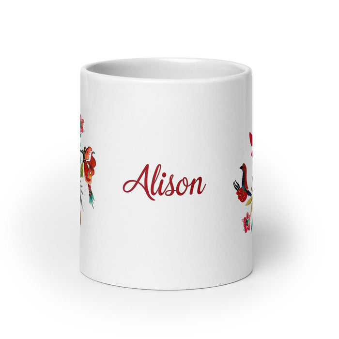 Alison Exclusive Name Art Piece Home Office Work Coffee Mug Mexican Spanish Pride Gift Cup One-Of-A-Kind Calligraphy White Glossy Mug | A20 Mexicada