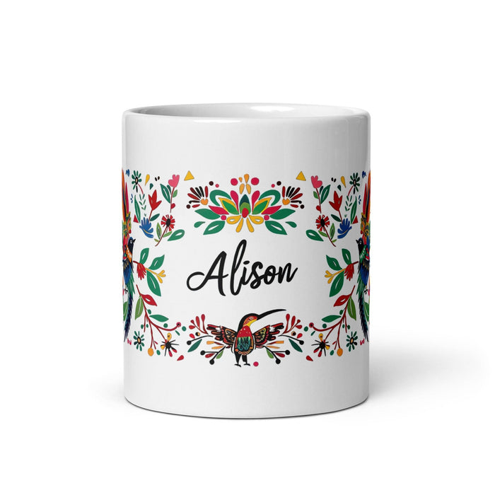 Alison Exclusive Name Art Piece Home Office Work Coffee Mug Mexican Spanish Pride Gift Cup One-Of-A-Kind Calligraphy White Glossy Mug | A21 Mexicada