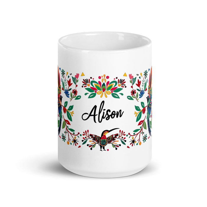 Alison Exclusive Name Art Piece Home Office Work Coffee Mug Mexican Spanish Pride Gift Cup One-Of-A-Kind Calligraphy White Glossy Mug | A21 Mexicada