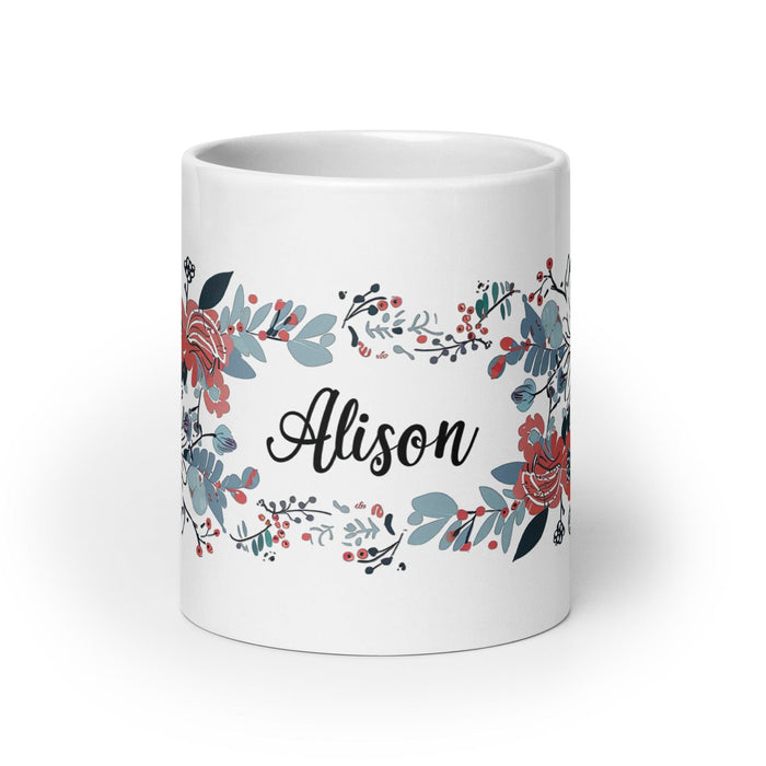 Alison Exclusive Name Art Piece Home Office Work Coffee Mug Mexican Spanish Pride Gift Cup One-Of-A-Kind Calligraphy White Glossy Mug | A22 Mexicada