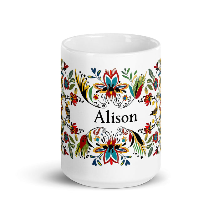 Alison Exclusive Name Art Piece Home Office Work Coffee Mug Mexican Spanish Pride Gift Cup One - Of - A - Kind Calligraphy White Glossy Mug | A24 - Mexicada