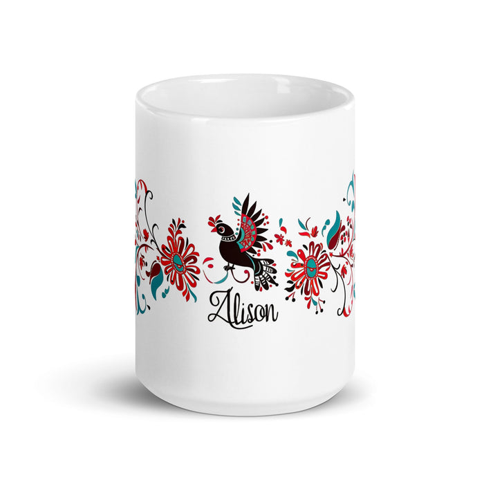 Alison Exclusive Name Art Piece Home Office Work Coffee Mug Mexican Spanish Pride Gift Cup One - Of - A - Kind Calligraphy White Glossy Mug | A25 - Mexicada