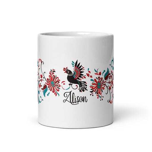 Alison Exclusive Name Art Piece Home Office Work Coffee Mug Mexican Spanish Pride Gift Cup One - Of - A - Kind Calligraphy White Glossy Mug | A25 - Mexicada