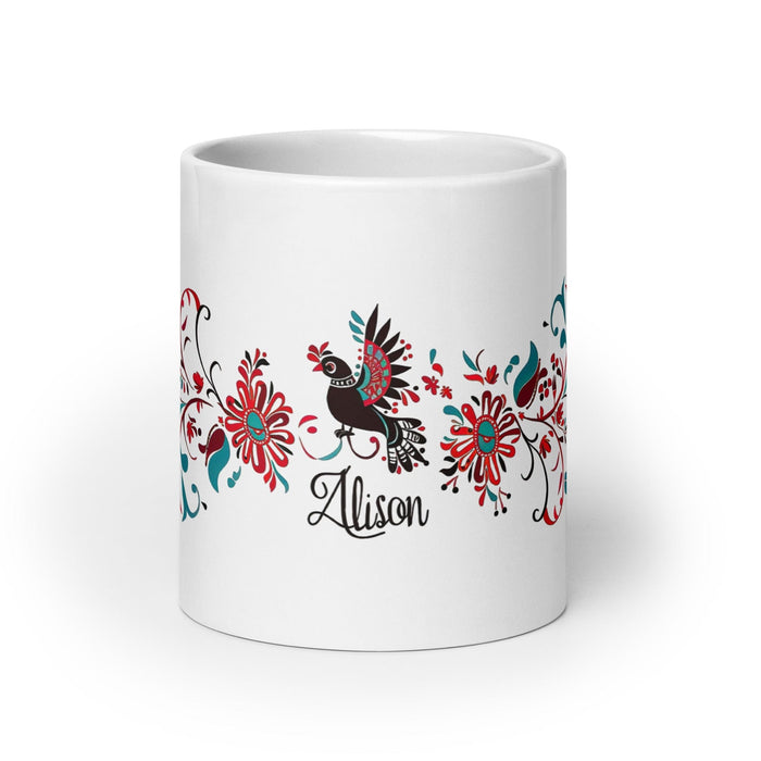 Alison Exclusive Name Art Piece Home Office Work Coffee Mug Mexican Spanish Pride Gift Cup One-Of-A-Kind Calligraphy White Glossy Mug | A25 Mexicada