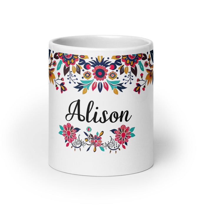 Alison Exclusive Name Art Piece Home Office Work Coffee Mug Mexican Spanish Pride Gift Cup One - Of - A - Kind Calligraphy White Glossy Mug | A27 - Mexicada