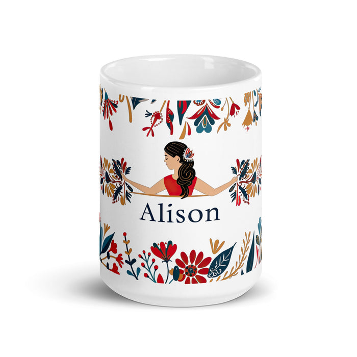 Alison Exclusive Name Art Piece Home Office Work Coffee Mug Mexican Spanish Pride Gift Cup One - Of - A - Kind Calligraphy White Glossy Mug | A28 - Mexicada