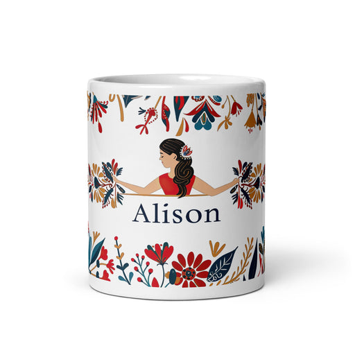 Alison Exclusive Name Art Piece Home Office Work Coffee Mug Mexican Spanish Pride Gift Cup One - Of - A - Kind Calligraphy White Glossy Mug | A28 - Mexicada