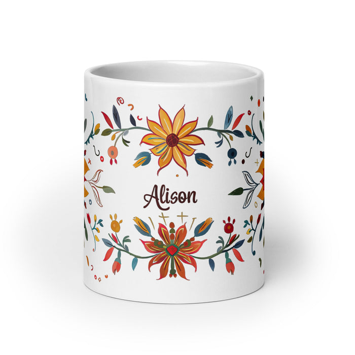 Alison Exclusive Name Art Piece Home Office Work Coffee Mug Mexican Spanish Pride Gift Cup One - Of - A - Kind Calligraphy White Glossy Mug | A29 - Mexicada