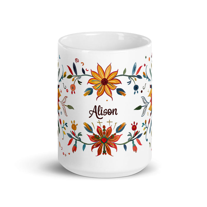 Alison Exclusive Name Art Piece Home Office Work Coffee Mug Mexican Spanish Pride Gift Cup One - Of - A - Kind Calligraphy White Glossy Mug | A29 - Mexicada