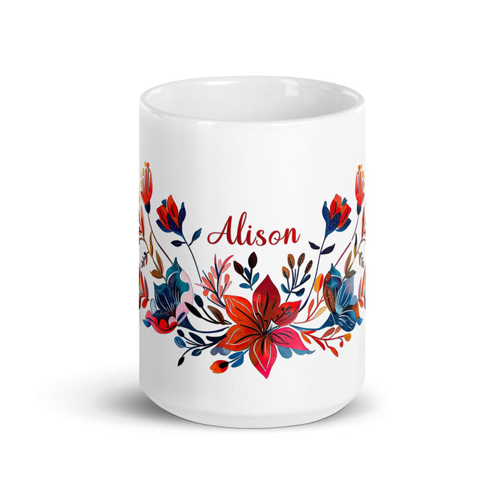 Alison Exclusive Name Art Piece Home Office Work Coffee Mug Mexican Spanish Pride Gift Cup One - Of - A - Kind Calligraphy White Glossy Mug | A30 - Mexicada